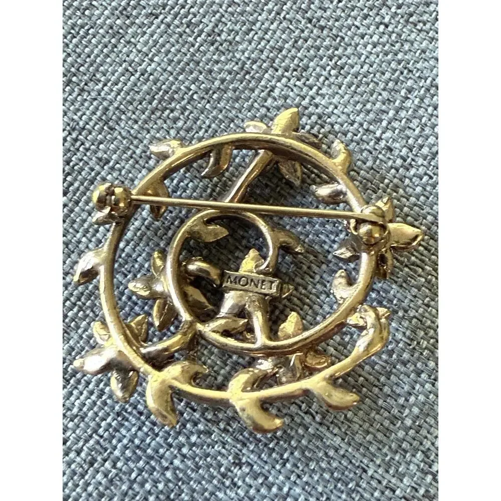 Vintage Signed Monet Gold Tone Multicolored Rhinestone Swirl & Floral Brooch Pin
